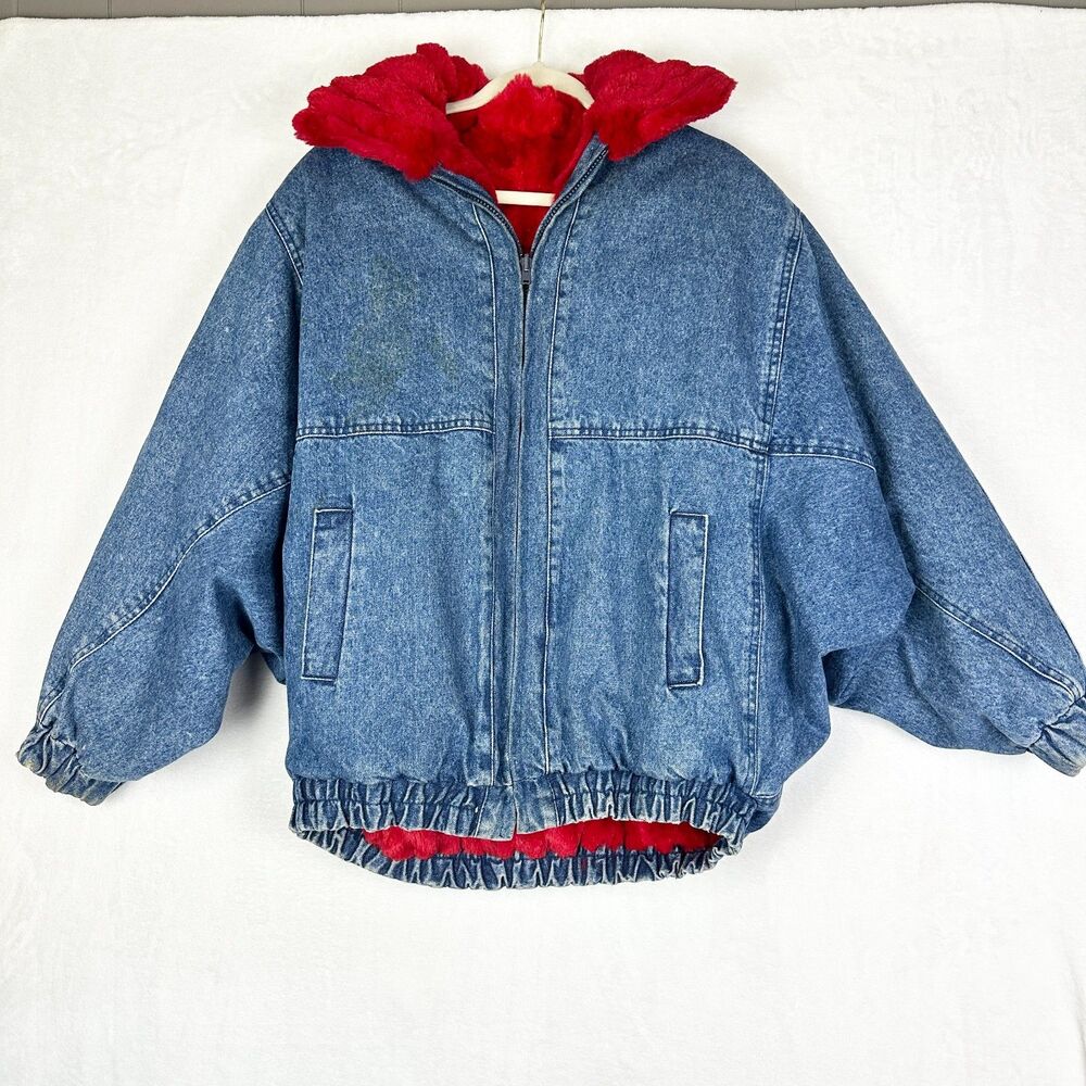 Vintage Rabbit Fur Lined Denim Jacket Full Zip Size Medium 80s 90s Oversized